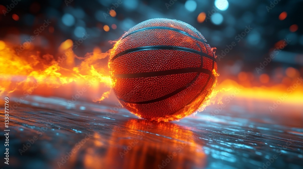 A Flaming Basketball in High-Speed Action with Light Trails. Generative AI A Flaming Basketball in High-Speed Action with Light Trails. Generative AI