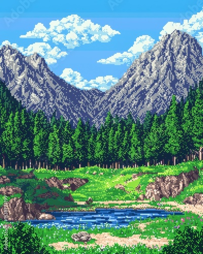 Landscape in a pixel game, Vibrant pixel art landscape featuring mountains, trees, and a serene river under a blue sky with clouds.