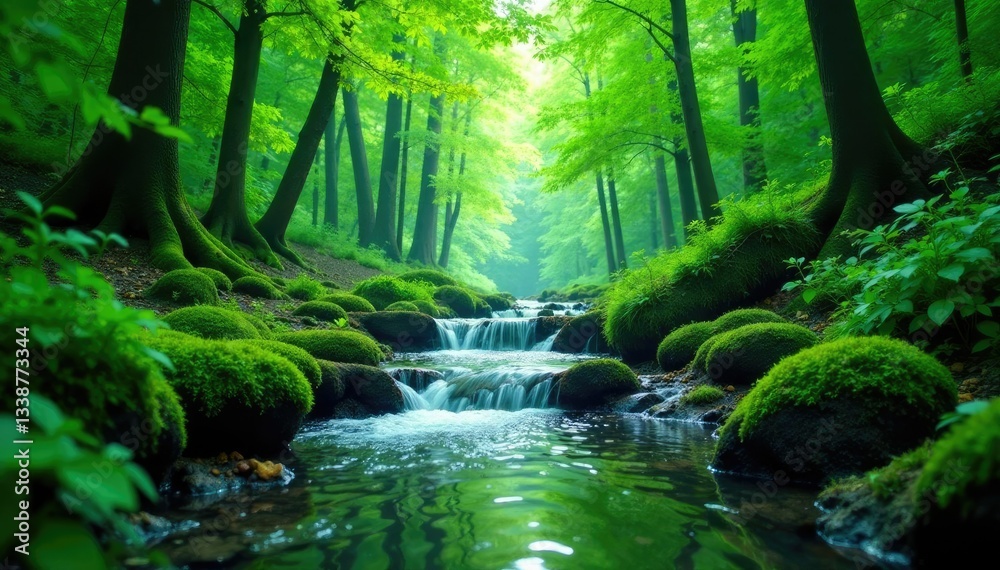 Dense foliage surrounds a serene forest stream, water, landscape Dense foliage surrounds a serene forest stream, water, landscape
