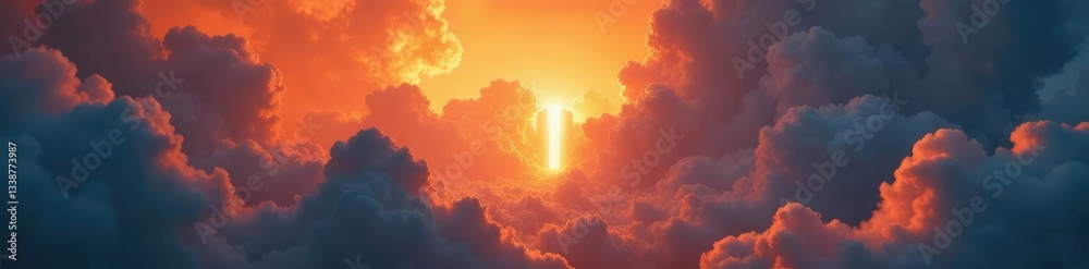 Fototapeta premium Gates of fire engulfed in blazes rise high among cloudy masses glowing softly, gates, ethereal, clouds