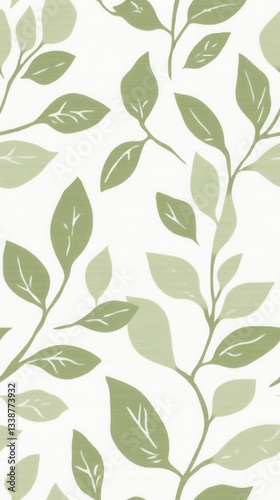 Wallpaper Mural A seamless pattern featu delicate illustrations of fresh green leaves and stems on a clean white background perfect for textile design or digital projects showcasing nature's Torontodigital.ca