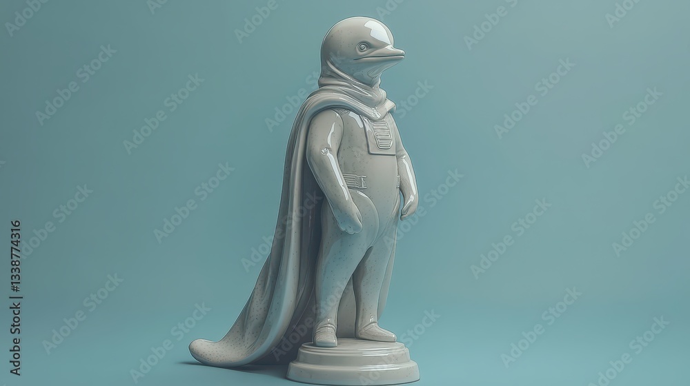 A striking sculpture depicting a duck dressed as a superhero stands on a circular base against a plain blue backdrop. The careful craftsmanship highlights imaginative details A striking sculpture depicting a duck dressed as a superhero stands on a circular base against a plain blue backdrop. The careful craftsmanship highlights imaginative details