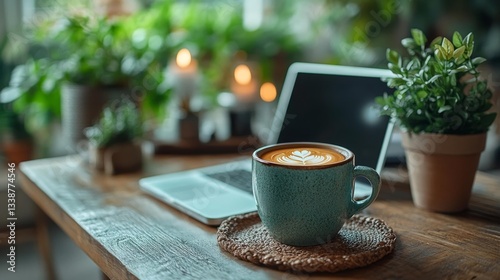 Home office with a cup of coffee plants and laptop creating a cozy productive workspace. Generative AI photo