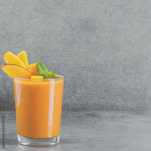Creamy orange smoothie in a clear glass with fresh orange slices on a bright kitchen counter