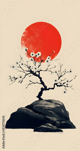 Minimalist illustration of a red sun, a black tree with white flowers on the rock in front of it, in the  of Japanese art, with a beige background, simple lines, and soft light and shadow