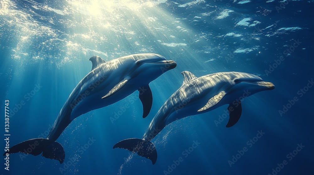 Obraz premium Underwater Dolphins Gliding Through Sunbeams in the Ocean. Generative AI