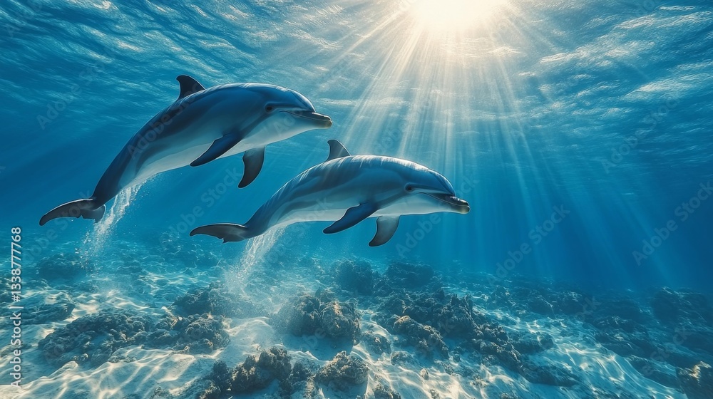 Naklejka premium Two Dolphins Swimming Gracefully in Clear Ocean Waters with Sunlight Streaming Through the Water. Generative AI