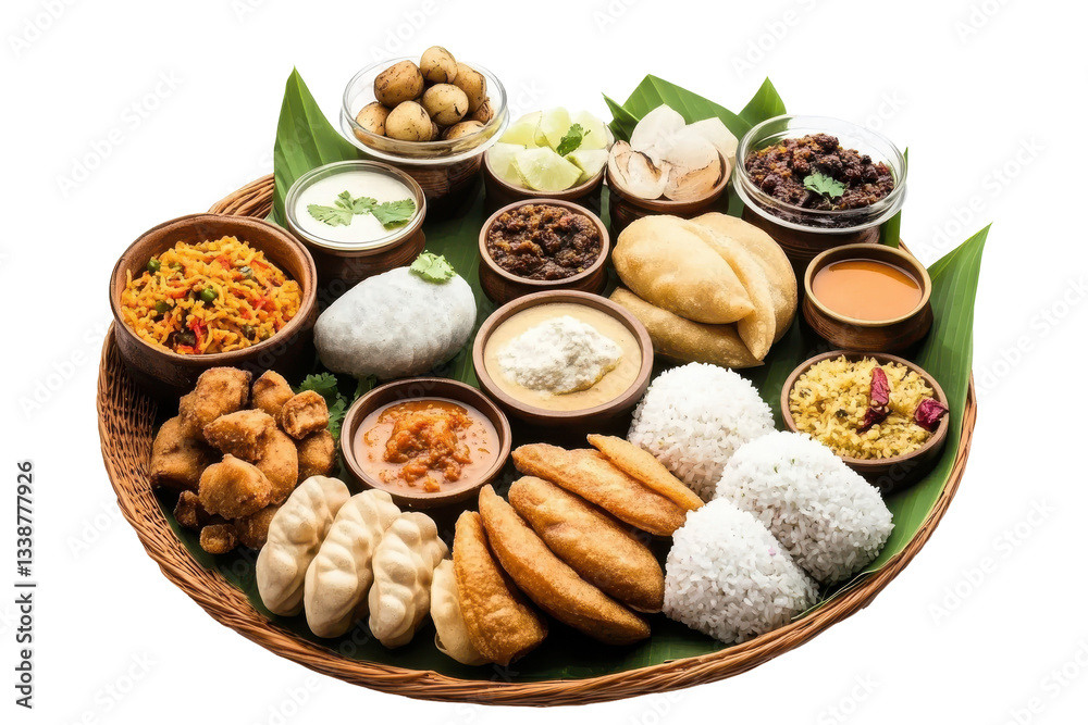 Traditional Indian Feast with Various Dishes on a Leaf Platter Traditional Indian Feast with Various Dishes on a Leaf Platter