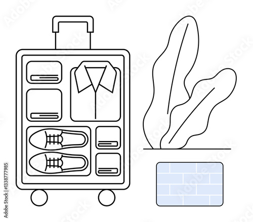 Packed suitcase with folded clothing and shoes in organized compartments, next to botanical leaves and minimalist brick element. Ideal for travel, organization, planning, minimalism, preparation