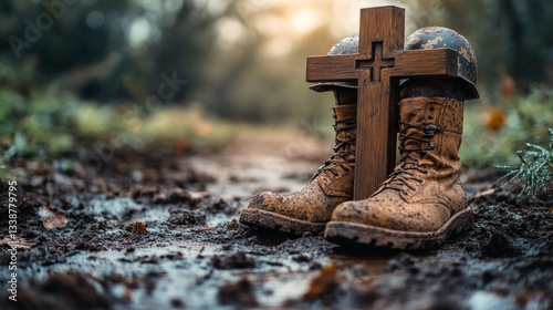 A solemn battlefield cross arrangement with a helmet rifle and boots in a blurred military background. Generative AI