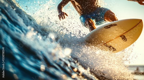 Close-up of a surfer executing a challenging trick on a giant wave.