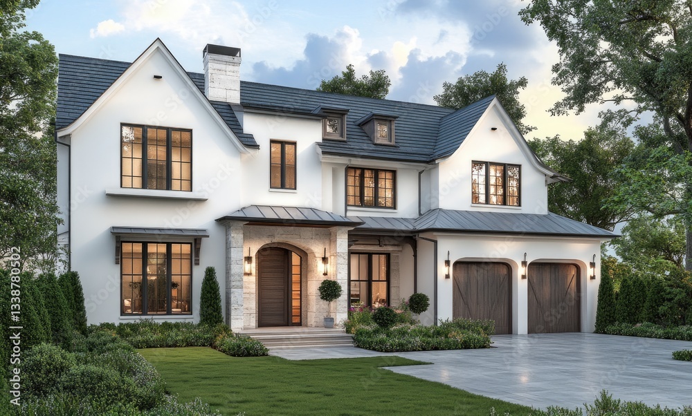 3D rendering of a modern two-story house with white walls, a wooden frame and roof, and gray windows 3D rendering of a modern two-story house with white walls, a wooden frame and roof, and gray windows