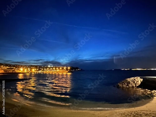 Obraz na płótnie Blue hour view of the harbour under a moody sky, Bueu, Galicia, Spain, April 2024 w salonie
