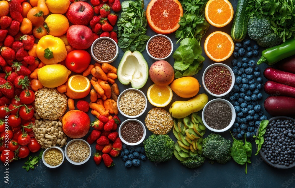 Fresh produce including strawberries, oranges, carrots, and leafy greens is artfully arranged in bowls on a kitchen table, showcasing vibrant colors and healthy options