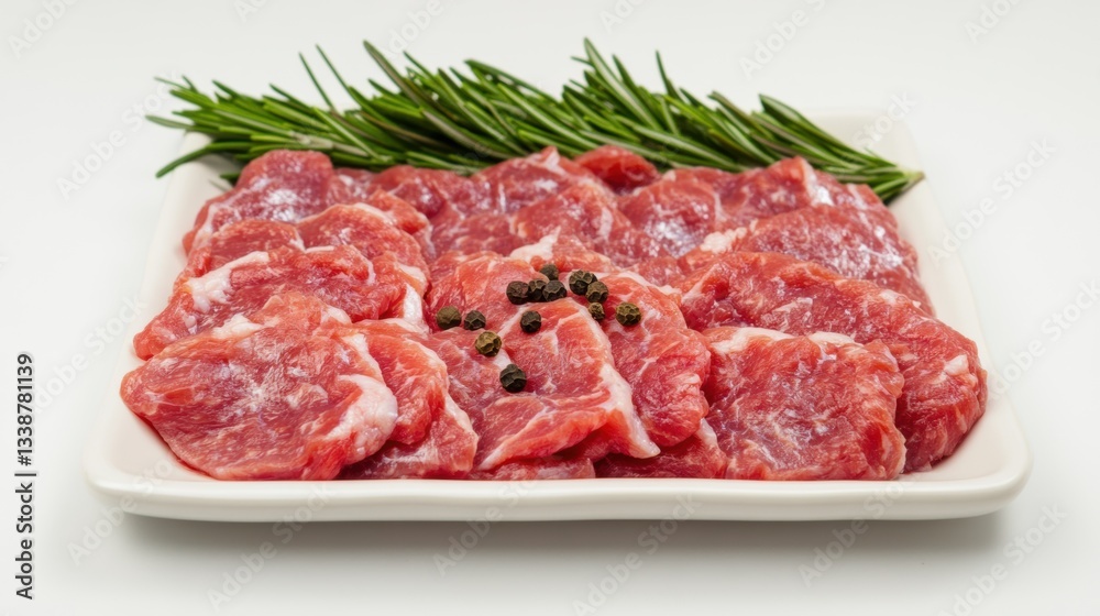 Fresh cuts of meat arranged on a white platter with herbs Fresh cuts of meat arranged on a white platter with herbs