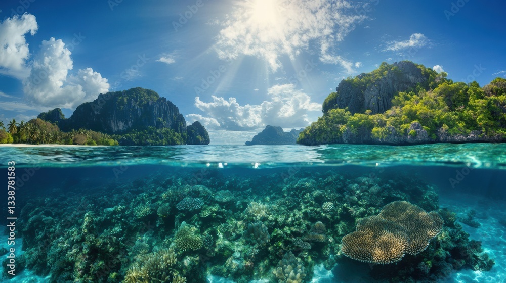 Fototapeta premium Coral reef exploration in a tropical paradise at midday