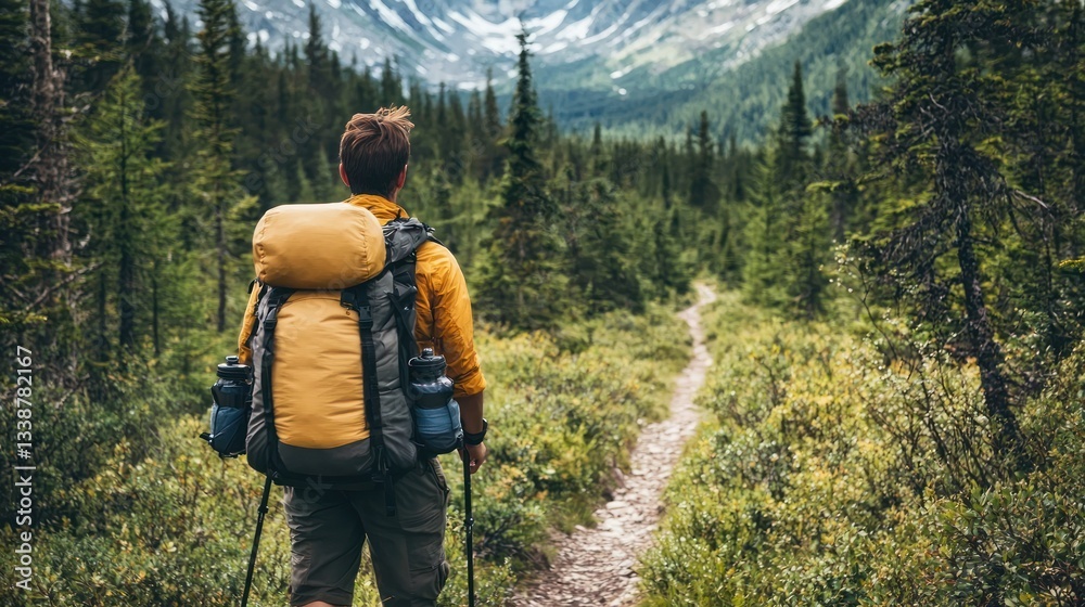 Backpacker hiking through rugged, untamed wilderness. Backpacker hiking through rugged, untamed wilderness.