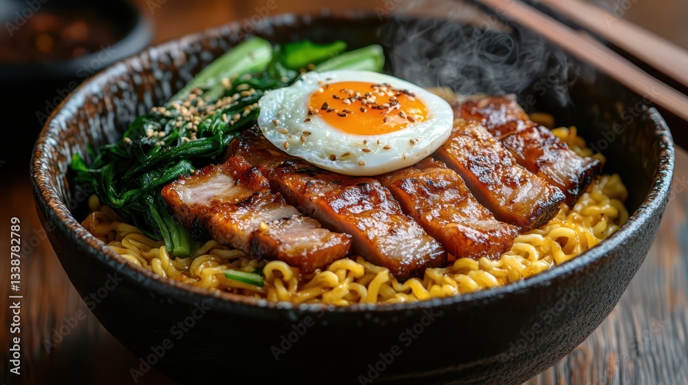 A steaming bowl of ramen featuring tender glazed pork slices, a perfectly cooked egg, and fresh greens. This comforting dish is served in a warm setting, inviting diners to enjoy a flavorful meal
