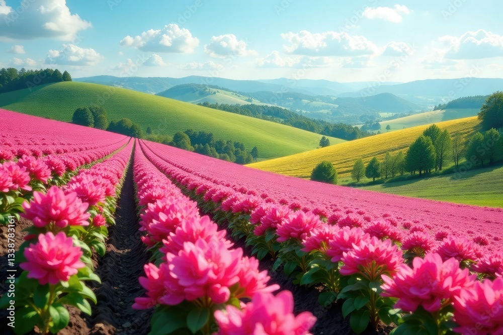 Rolling hills of pink flowers in a potato field, agriculture, hills