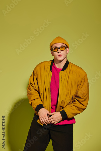 Fashion model showcasing trendy and stylish attire in a vibrant studio setting