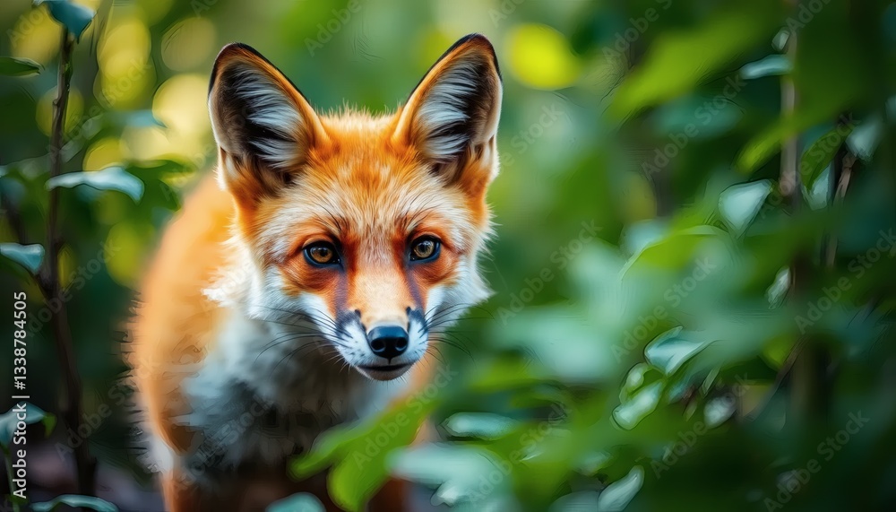 Fototapeta premium Fox in Lush Green Foliage Portrait of a Red Fox with Bright Eyes