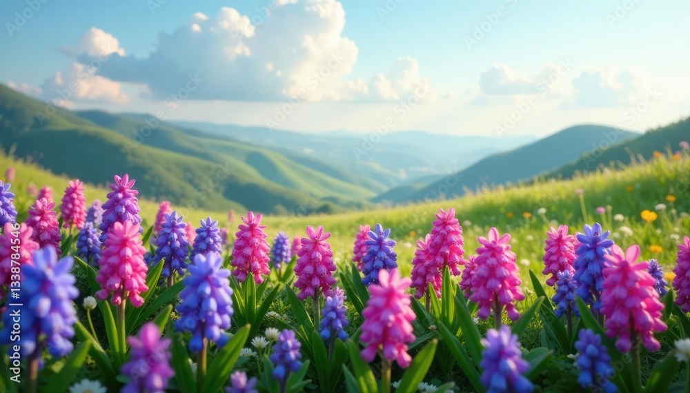 Obraz premium Soft petals of hyacinth flowers in a serene landscape with rolling hills and gentle clouds, peace, greenery, spring