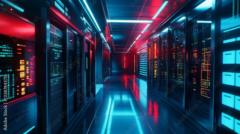 Fototapeta premium A futuristic data center corridor with glowing red and blue lights and server racks