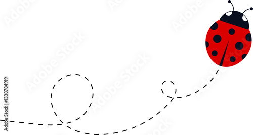 Cute ladybug characters collection. Flying ladybug with dotted path. Ladybugs flying on dotted route. ladybug icon set. Insects group. Vector illustration isolated on white.