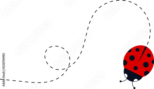 Cute ladybug characters collection. Flying ladybug with dotted path. Ladybugs flying on dotted route. ladybug icon set. Insects group. Vector illustration isolated on white.