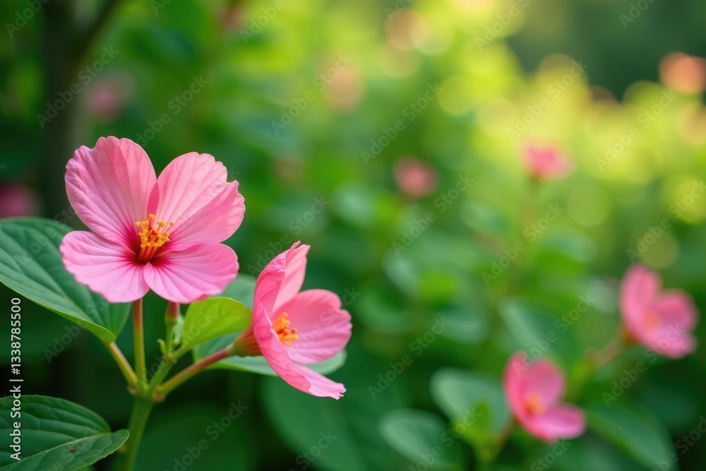 Fototapeta premium Soft pink blooms in the foreground amidst lush greenery, flowers, garden