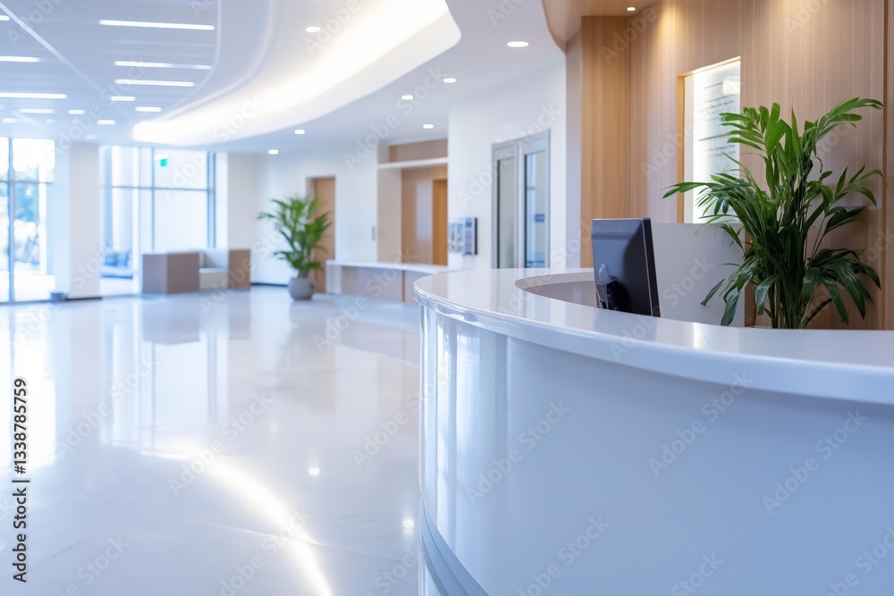 Unfocused hospital reception area with white walls, clean and modern medical background with copy space.