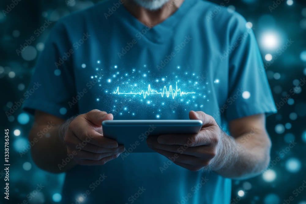 An elderly male doctor with a tablet in his hands and a virtual cardiogram. The concept of telemedicine and technology.
