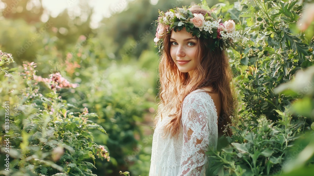 Naklejka premium Beautiful woman with a flower crown standing in a lush garden.