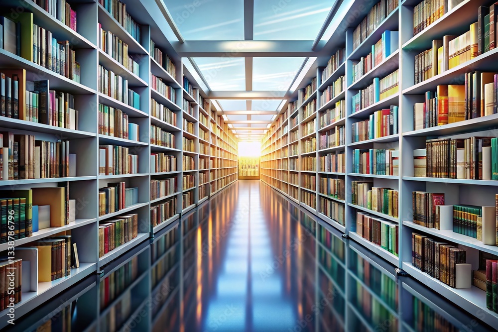 Spacious Library Aisle: Polished Floors, Towering Bookshelves, Blank Walls - Stock Photo Spacious Library Aisle: Polished Floors, Towering Bookshelves, Blank Walls - Stock Photo