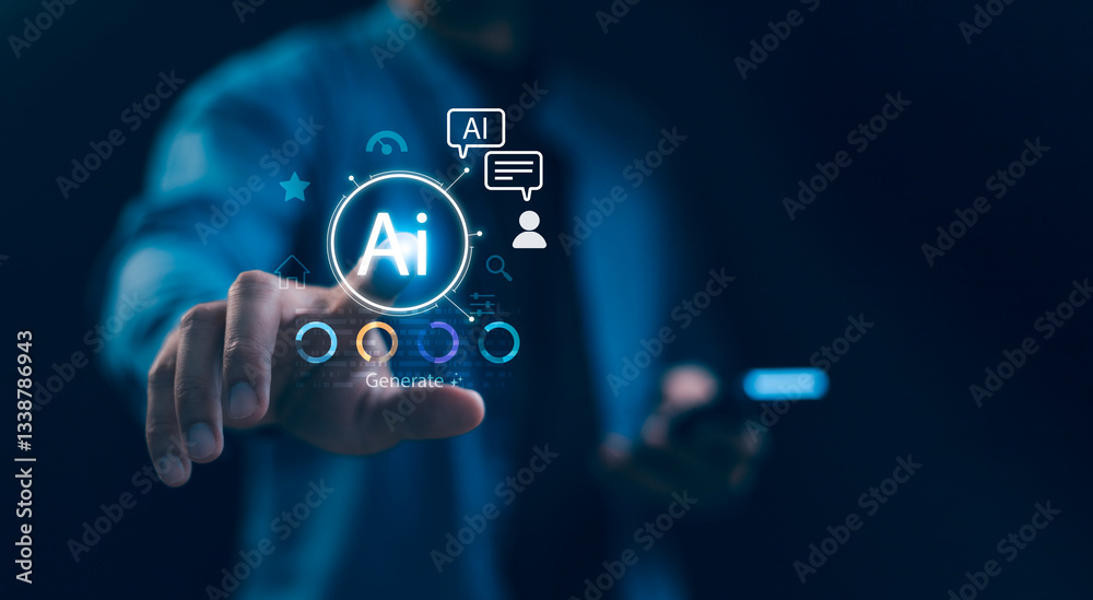 Artificial intelligence AI technology for enhanced work efficiency data analysis and efficient. Man using phone to generative AI contents, chat with smart robot AI and command prompt on website.
