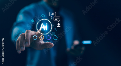 Artificial intelligence AI technology for enhanced work efficiency data analysis and efficient. Man using phone to generative AI contents, chat with smart robot AI and command prompt on website.