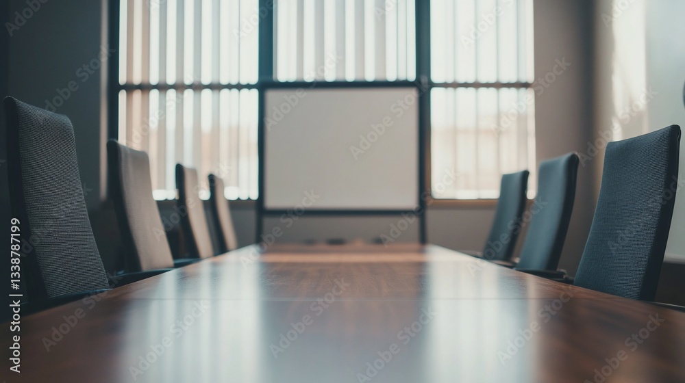 Fototapeta premium Empty conference room with wooden table and multiple gray chairs ready for a meeting