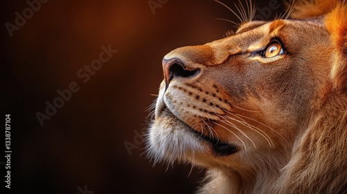 A stunning close-up of a lion looking upwards, showcasing its sharp features and intense gaze, set against a softly blurred dark background that highlights its majesty. photo