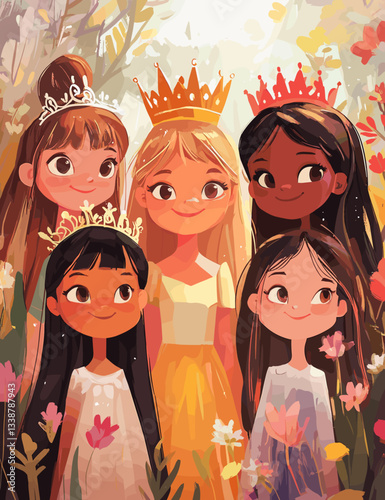 A charming illustration of five girls wearing different colored crowns, smiling happily surrounded by a floral background. The girls come from diverse backgrounds, radiating joy and friendship