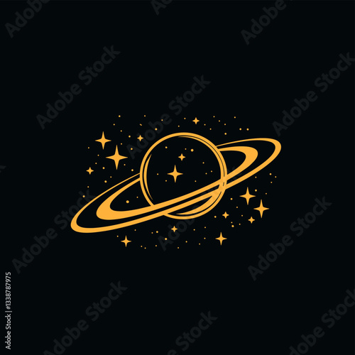 A simple illustration of Saturn with its iconic rings, surrounded by stars and cosmic dust, creating a celestial and cosmic vibe against a black background