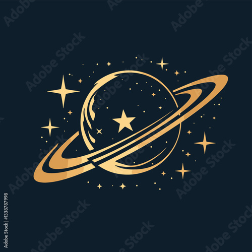 A golden illustration of Saturn with stars and a prominent star in its rings, surrounded by smaller stars, against a dark backdrop, evoking a celestial and cosmic atmosphere