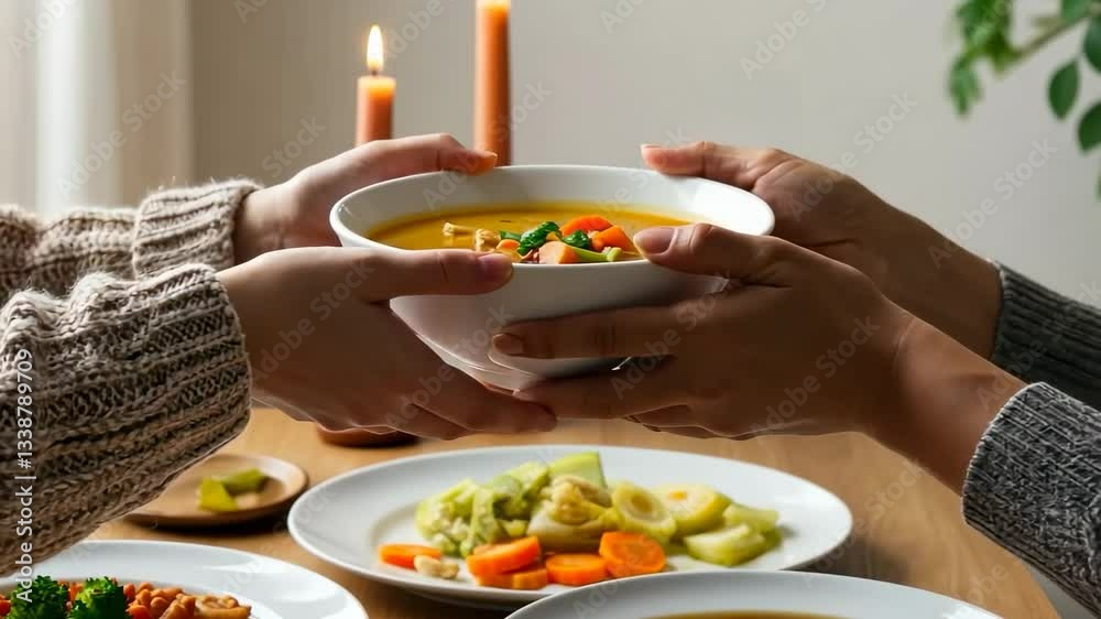 Sharing a warm meal together by candlelight in cozy setting Sharing a warm meal together by candlelight in cozy setting
