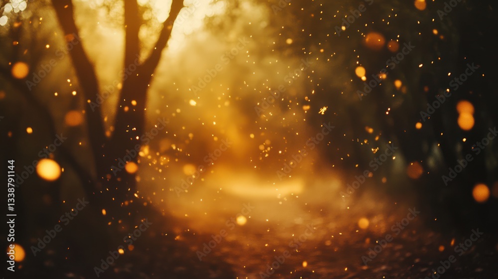 Naklejka premium Golden hour forest path, soft light, blurred bokeh, background