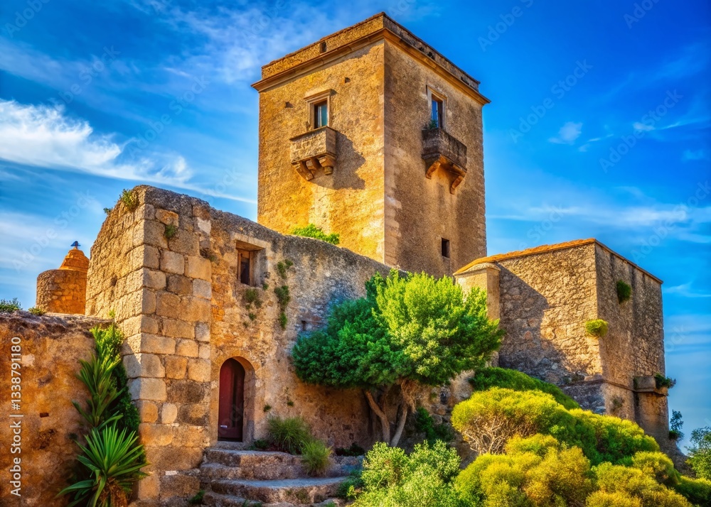 Fototapeta premium Sobradillo Castle Tower: Majestic Spanish Architecture in Candid Light