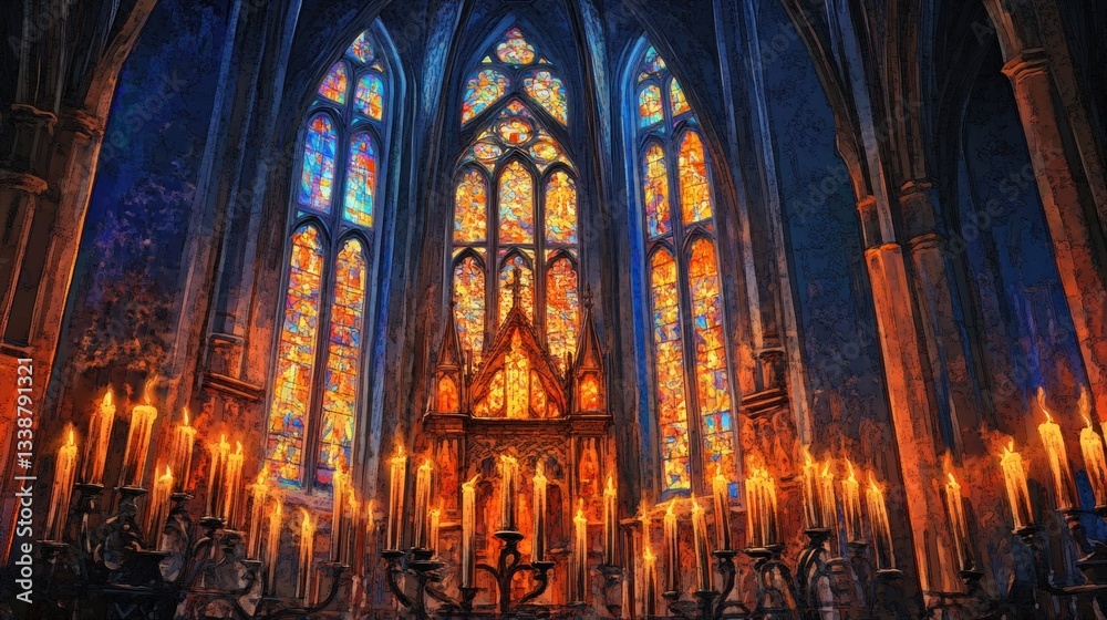 Fototapeta premium Gothic cathedral interior illuminated by stained glass windows and candlelight