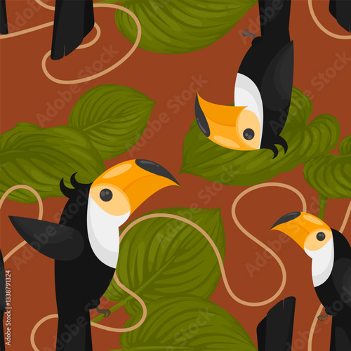Vector seamless pattern with many cute toucans among big leaves. Tropical wildlife print. Exotic birds background. Vintage colors graphic art. Flat image for fashion fabric design, travel agency ads