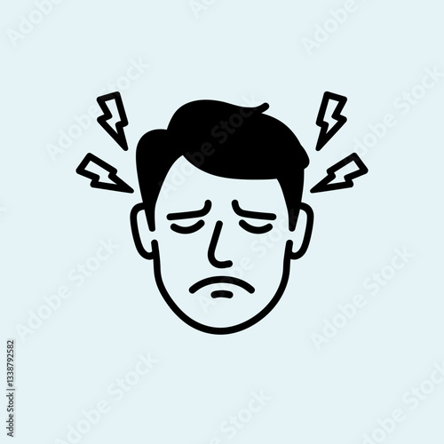 Man with headaches and pain symptoms displayed as lightning bolts illustration