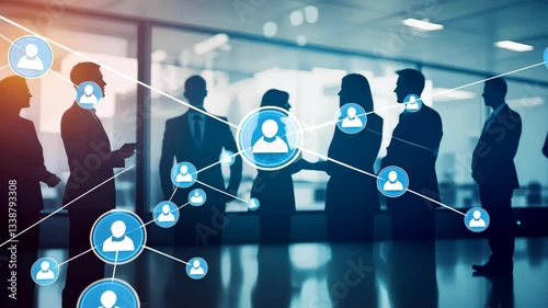 In a busy corporate environment, silhouettes of individuals are encircled by digital icons representing strong networking and technology, emphasizing collaboration and innovation in business today