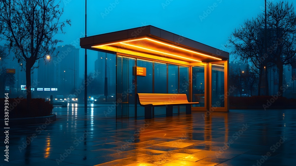 Fototapeta premium Illuminated bus stop glows with warm yellow light at night, modern glass shelter and wet pavement reflect golden streaks in moody urban darkness.
