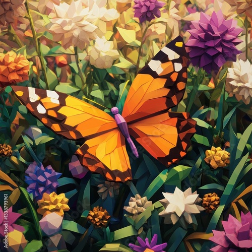 Low-poly butterfly in a flower field